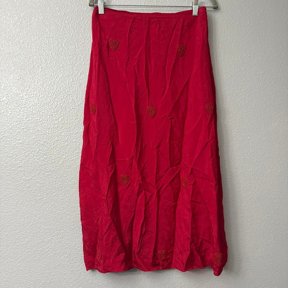 A New Day Red Midi Skirt with Beaded Heart Details